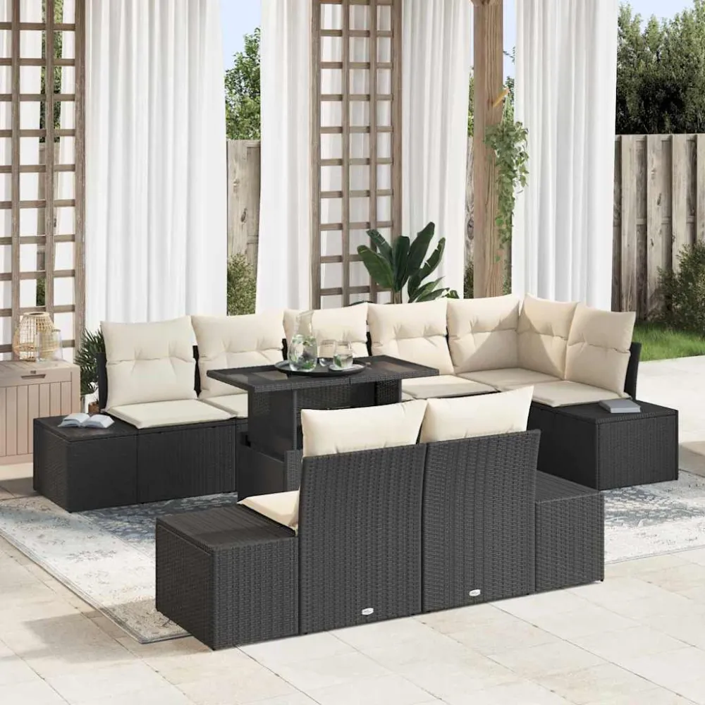 Tuin Sofa Set met kussen met opslag 9 pcs Zwart en crème vidaXL