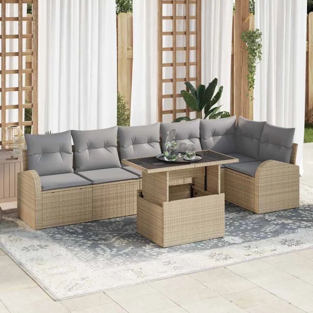Tuin Sofa Set met kussen met opslag 7 pcs Beige Poly riet vidaXL
