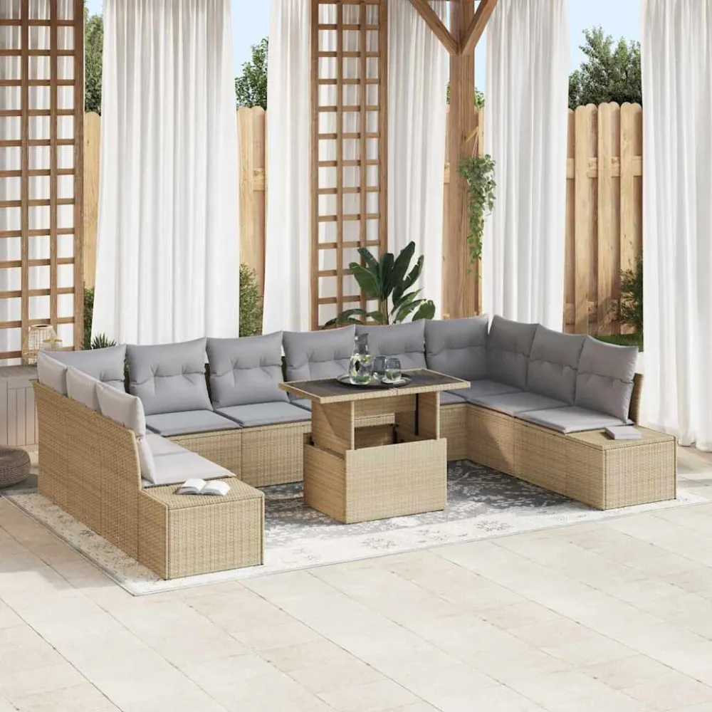Tuin Sofa Set met kussen met opslag 11 pcs beige en lichtgrijs vidaXL