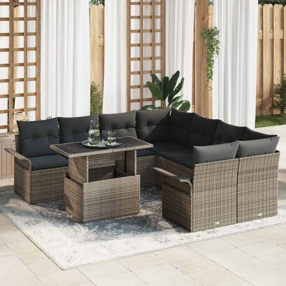 Tuin Sofa Set met kussen met opslag 9 pcs Grijs Poly Rattan vidaXL
