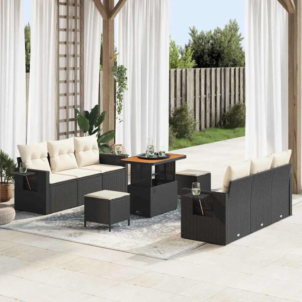 Tuin Sofa Set met kussen met opslag 9 pcs Zwart en crème vidaXL