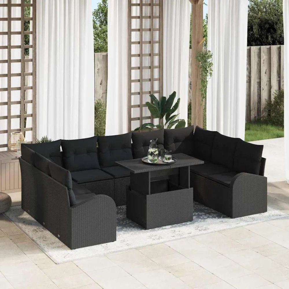 Tuin Sofa Set met kussen met opslag 10 pcs Zwart Poly riet vidaXL