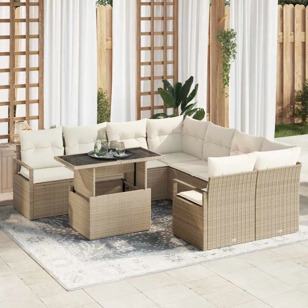 Tuin Sofa Set met kussen met opslag 9 pcs Beige Poly riet vidaXL