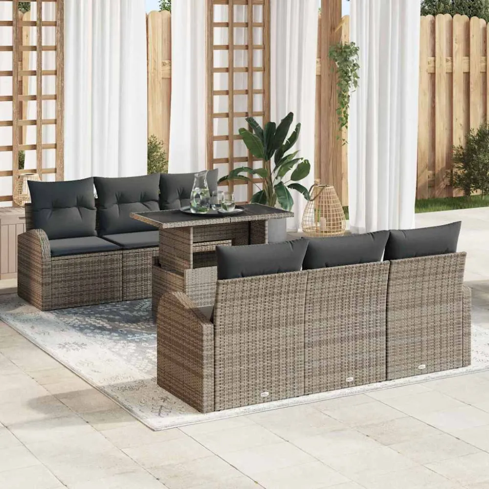 Tuin Sofa Set met kussen met opslag 7 pcs Grijs Poly Rattan vidaXL