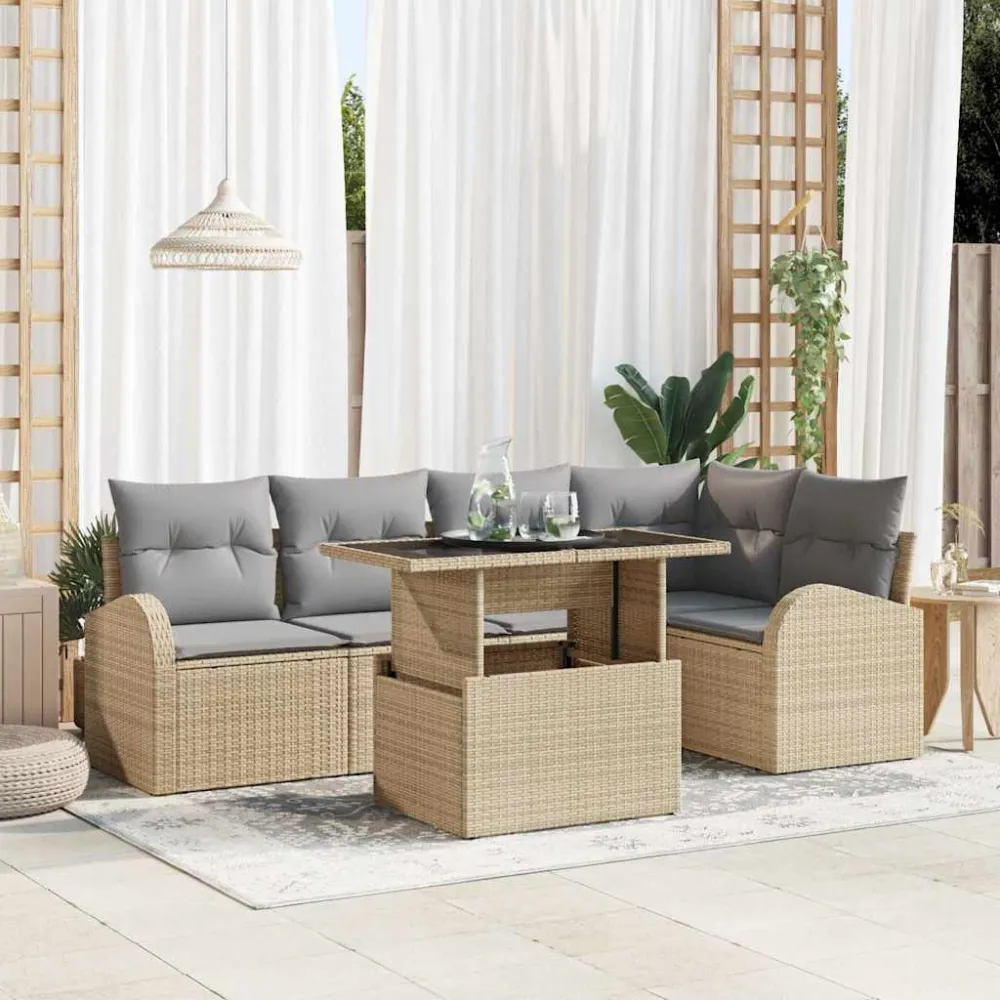 Tuin Sofa Set met kussen met opslag 6 pcs Beige Poly riet vidaXL