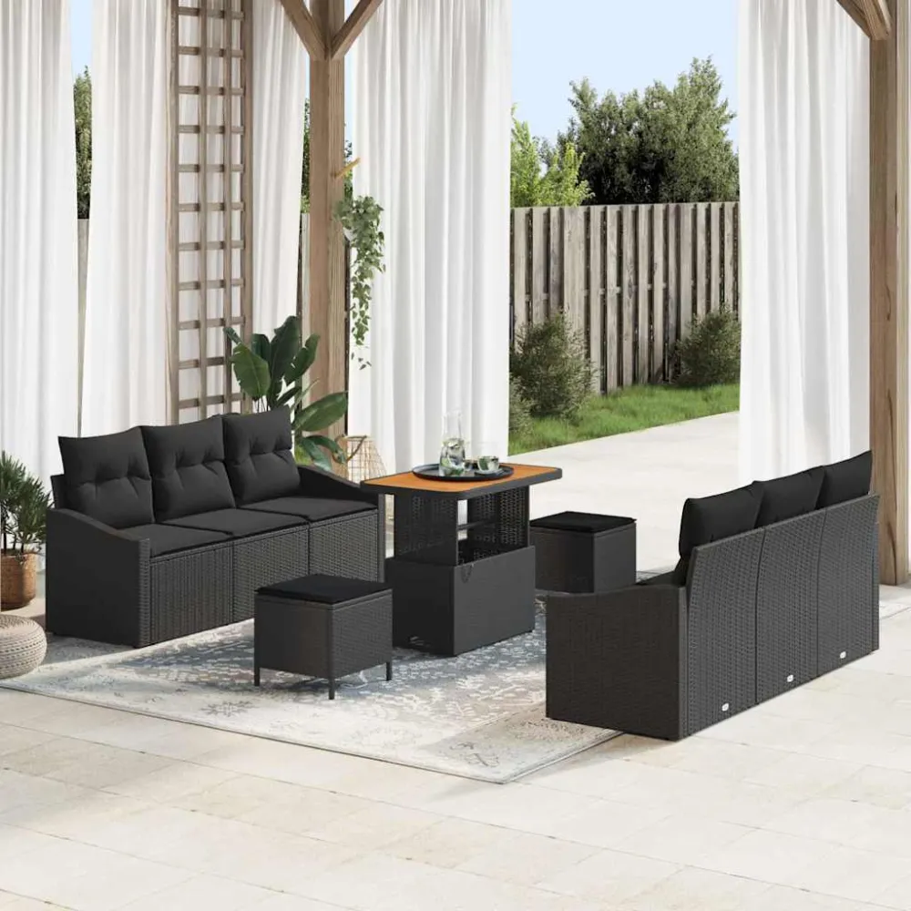 Tuin Sofa Set met kussen met opslag 9 pcs Zwart vidaXL
