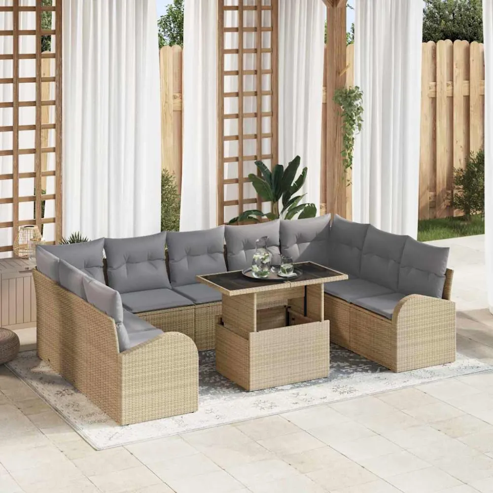 Tuin Sofa Set met kussen met opslag 10 pcs Beige Poly riet vidaXL