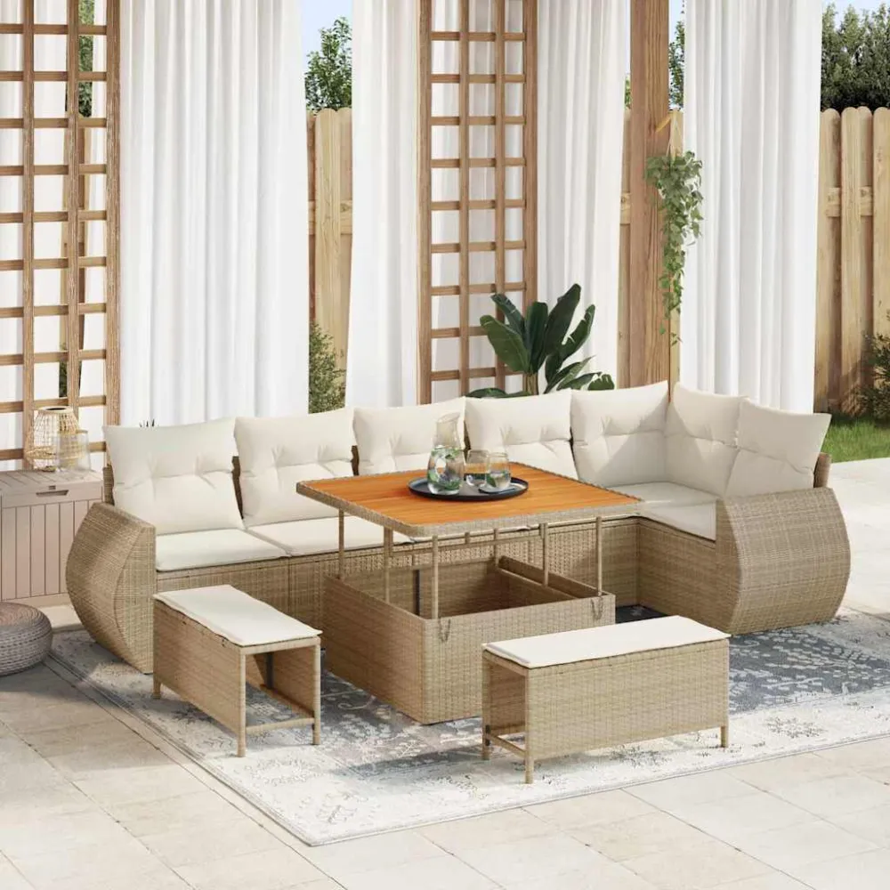 Tuin Sofa Set met kussen met opslag 9 pcs beige en crèmekleurig vidaXL