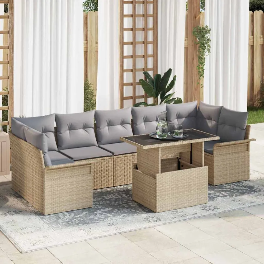 Tuin Sofa Set met kussen met opslag 8 pcs Beige Poly riet vidaXL