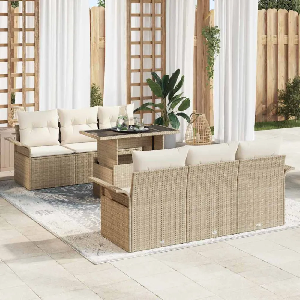 Tuin Sofa Set met kussen met opslag 7 pcs Beige Poly riet vidaXL