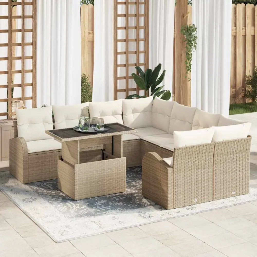 Tuin Sofa Set met kussen met opslag 9 pcs Beige Poly Rattan vidaXL