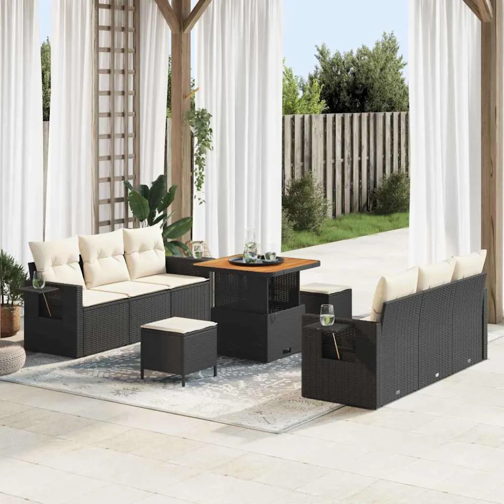 Tuin Sofa Set met kussen met opslag 9 pcs Zwart en crème vidaXL