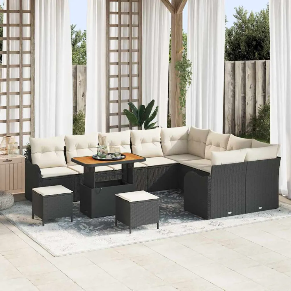 Tuin Sofa Set met kussen met opslag 12 pcs Zwart en Crème vidaXL
