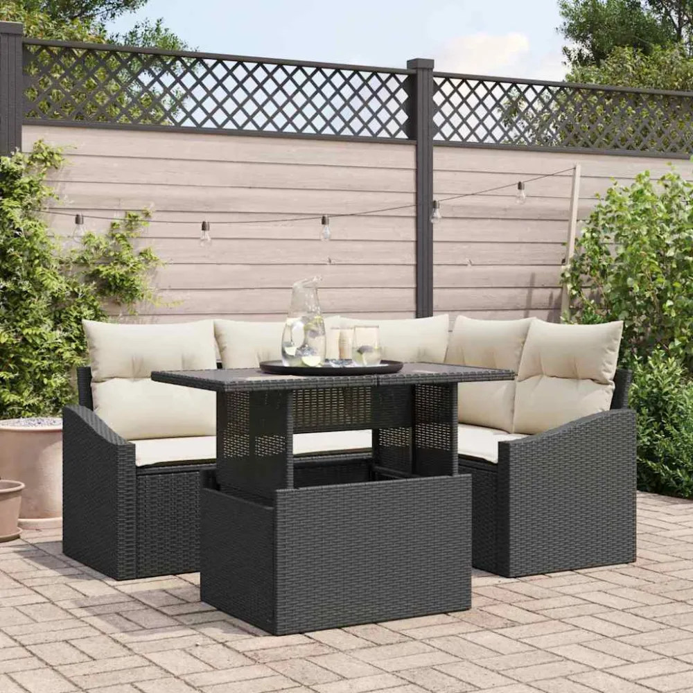 Tuin Sofa Set met kussen met opslag 5 pcs Zwart en Crème vidaXL