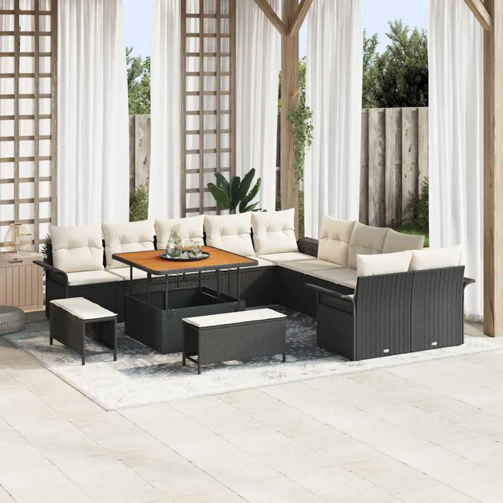Tuin Sofa Set met kussen met opslag 13 pcs Zwart en Crème vidaXL