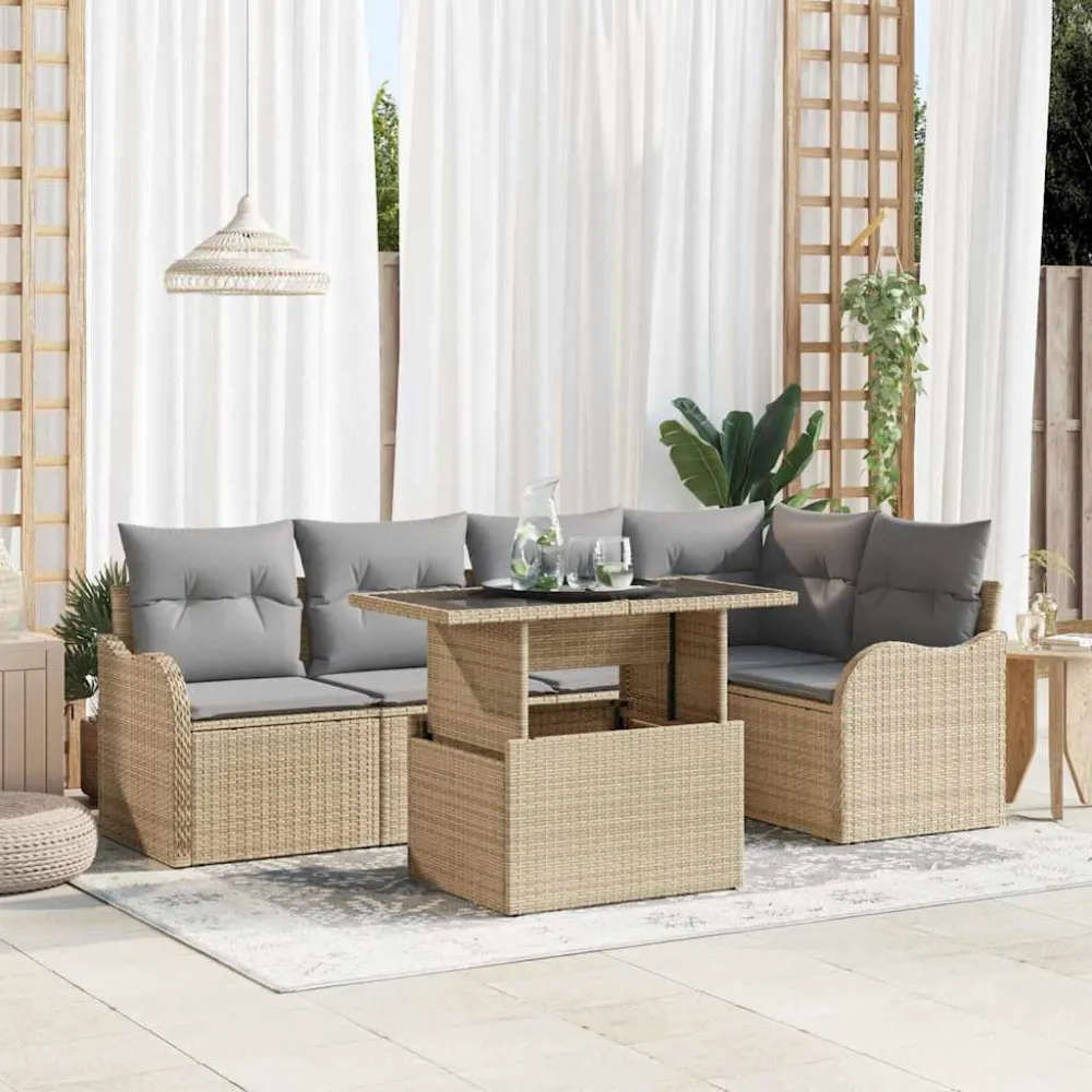 Tuin Sofa Set met kussen met kussen 6 pcs Beige Poly Rattan vidaXL
