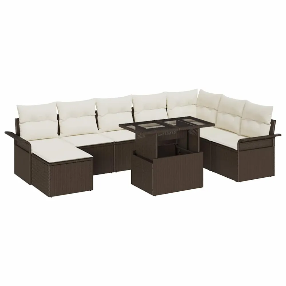 Tuin Sofa Set met kussen met opslag 9 pcs Bruin en Crème vidaXL