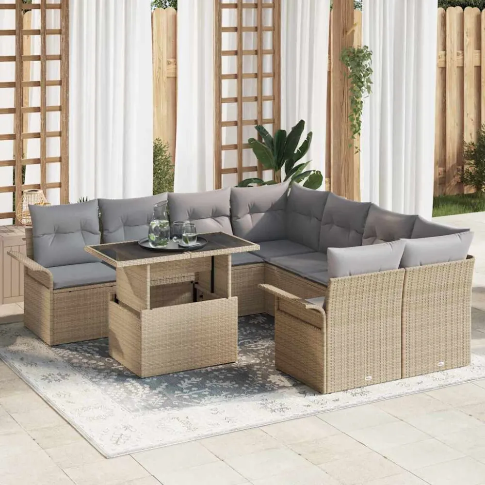 Tuin Sofa Set met kussen met opslag 9 pcs Beige Poly Rattan vidaXL