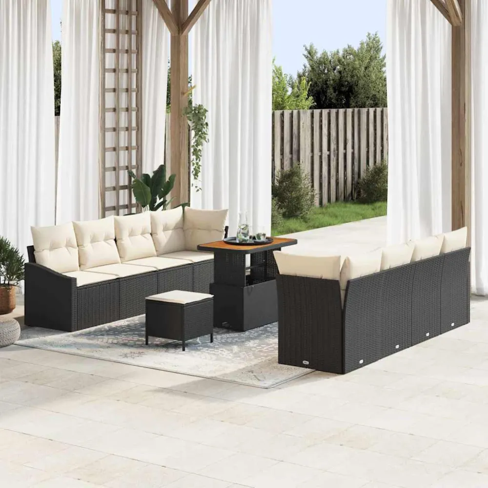 Tuin Sofa Set met kussen met opslag 11 pcs Zwart en Crème vidaXL