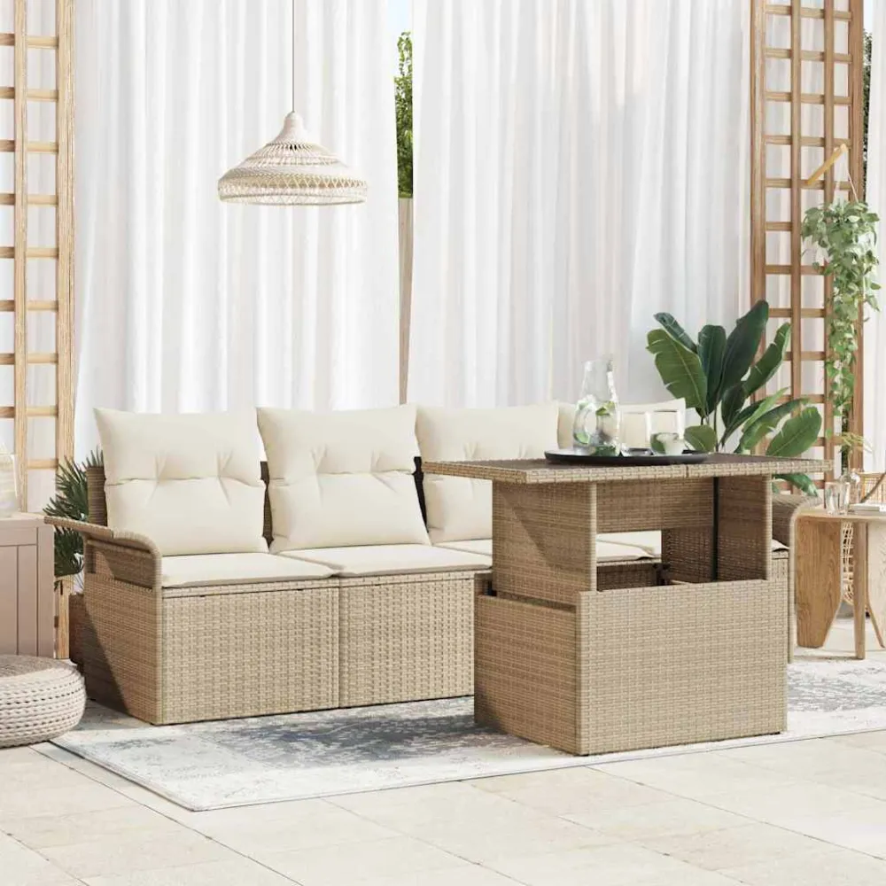 Tuin Sofa Set met kussen met opslag 5 pcs Beige Poly Rattan vidaXL