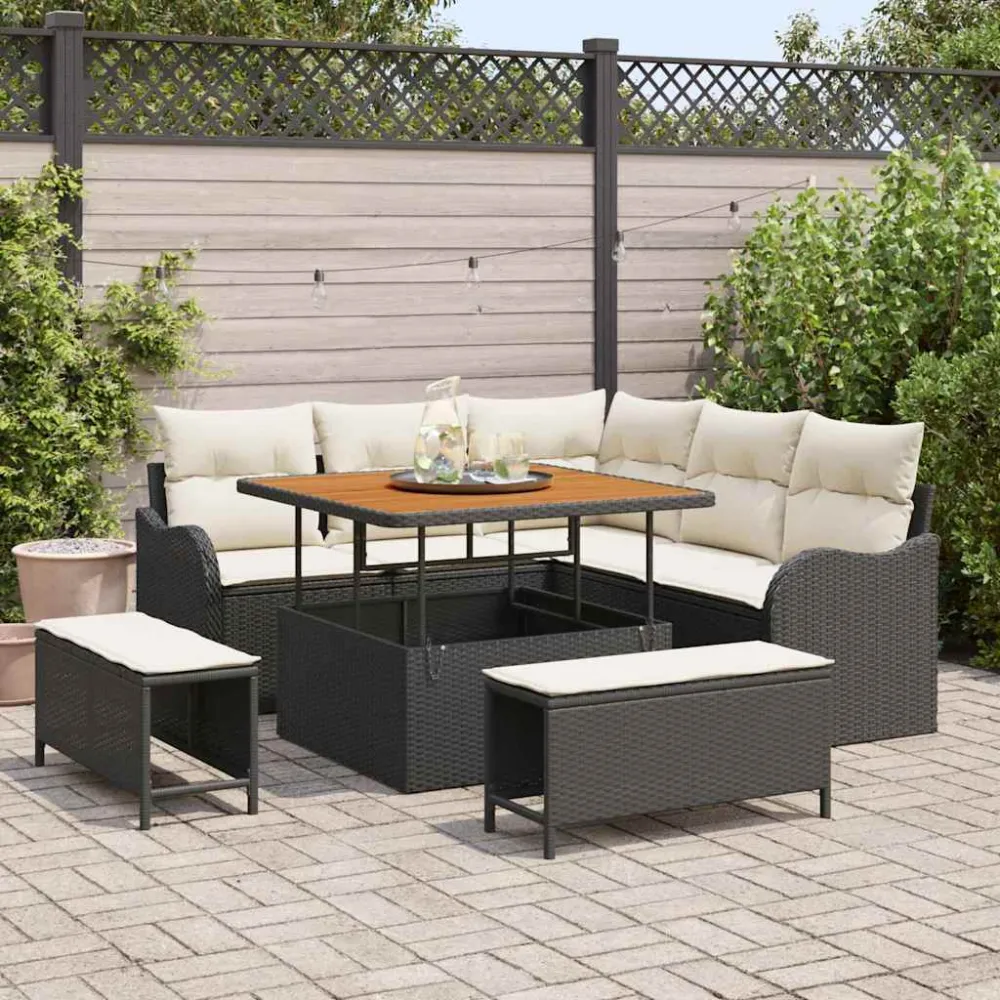 Tuin Sofa Set met kussen met opslag 8 pcs Zwart en Crème vidaXL