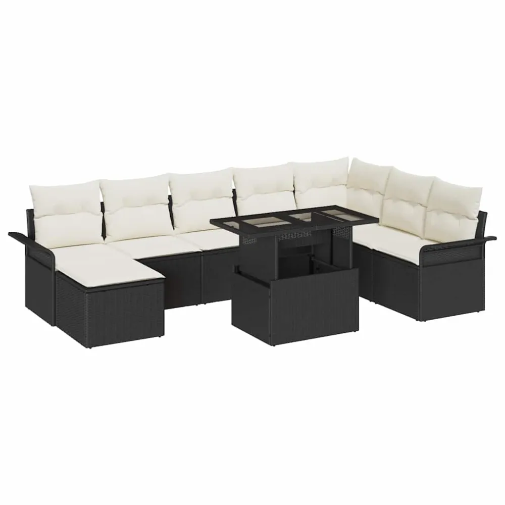 Tuin Sofa Set met kussen met opslag 9 pcs Zwart en Crème vidaXL