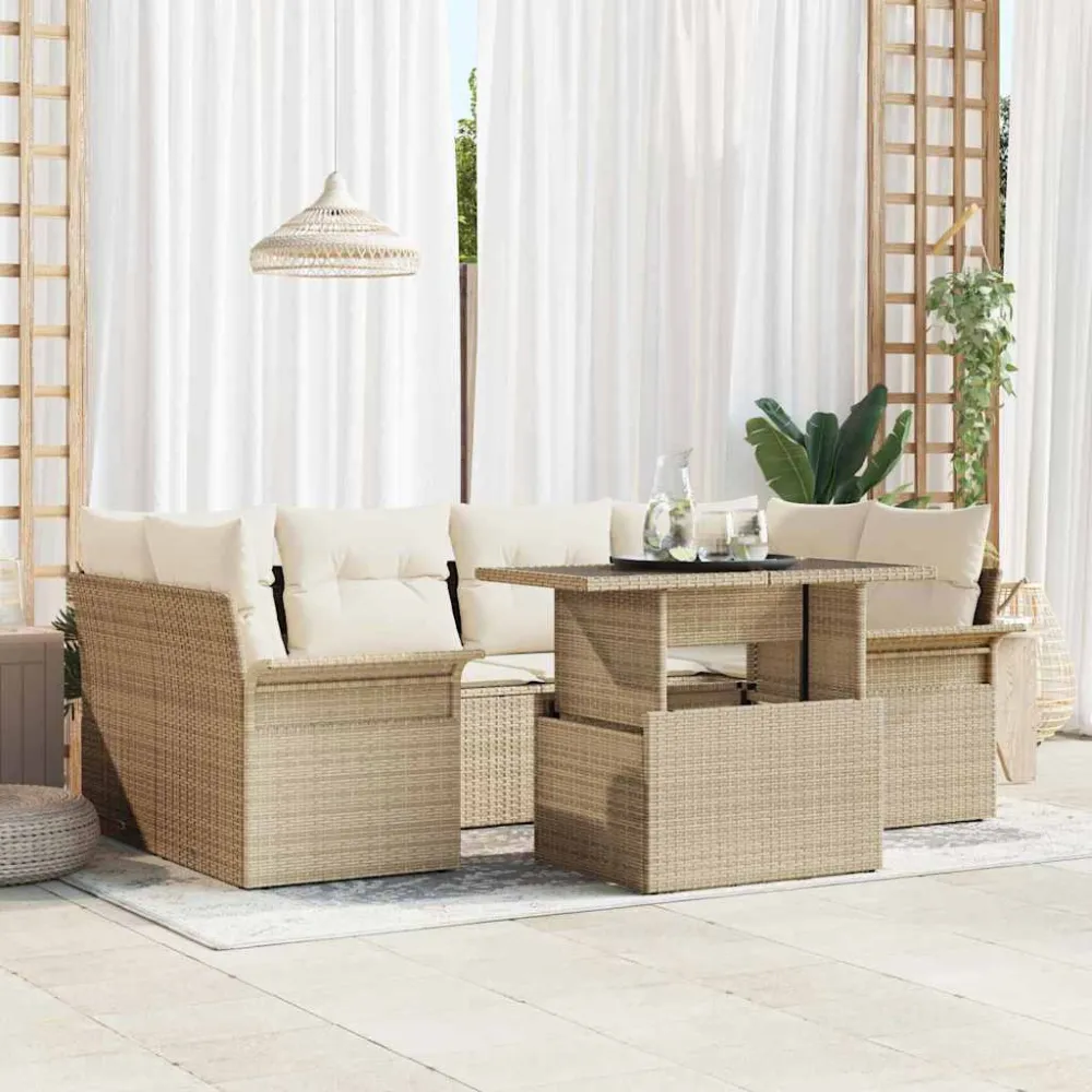 Tuin Sofa Set met kussen met opslag 7 pcs Beige Poly Rattan vidaXL
