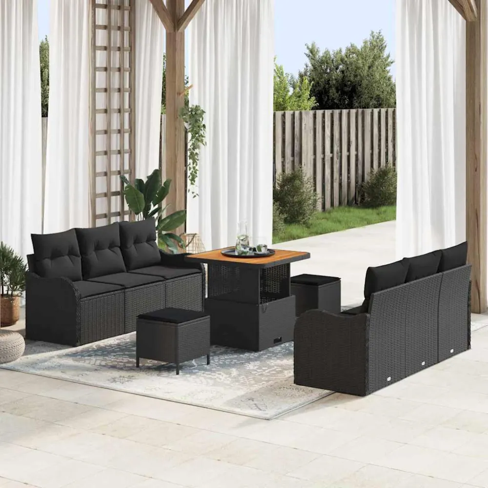 Tuin Sofa Set met kussen met opslag 9 pcs Zwart vidaXL
