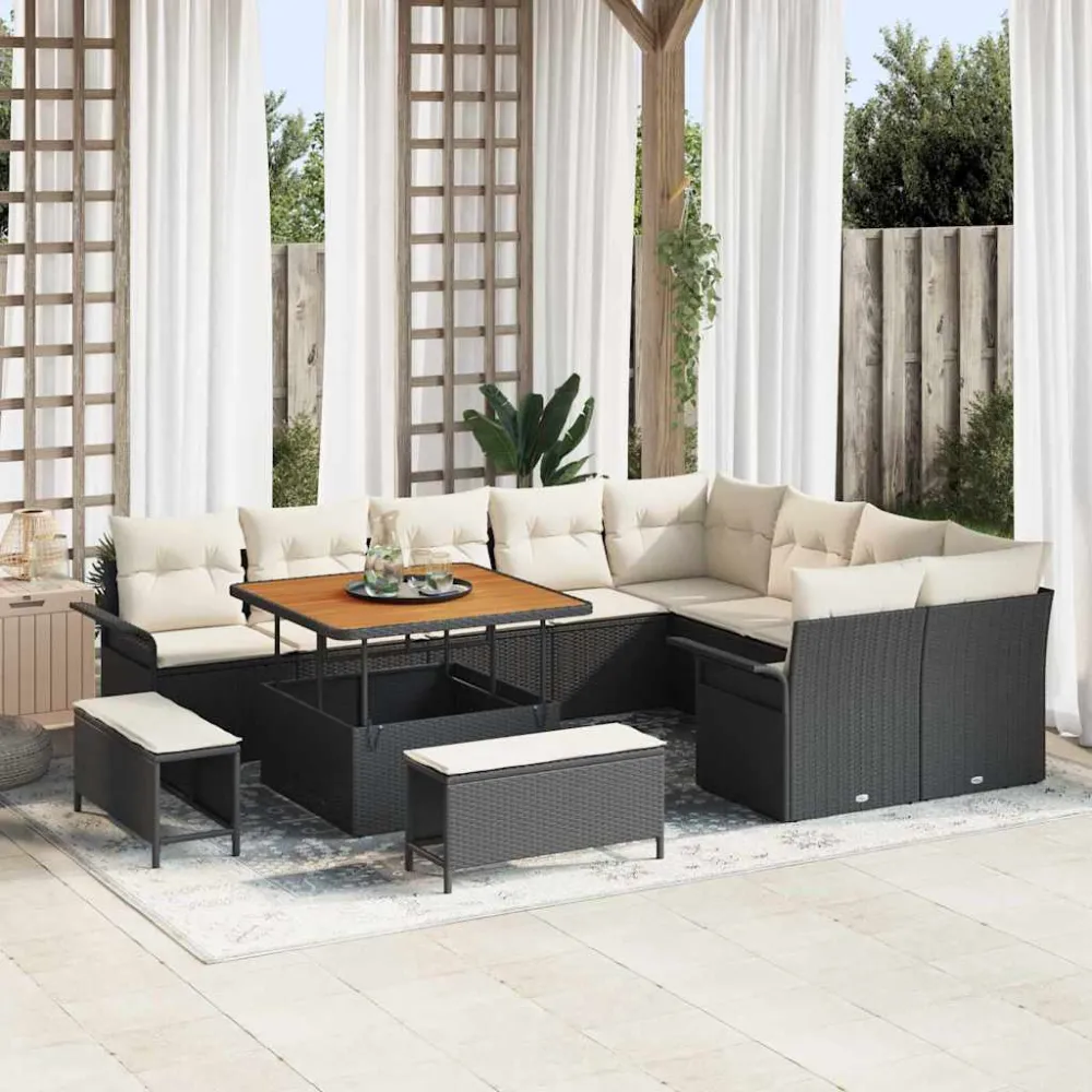 Tuin Sofa Set met kussen met opslag 12 pcs Zwart en Crème vidaXL