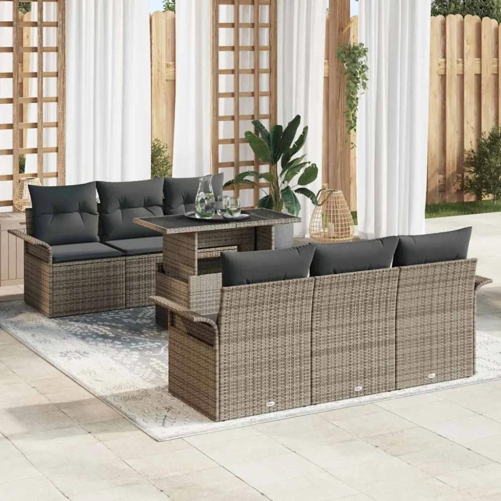 Tuin Sofa Set met kussen met opslag 7 pcs Grijs Poly Rattan vidaXL
