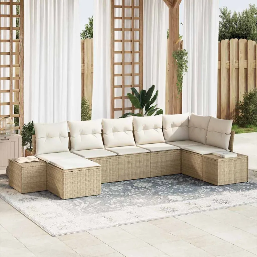 Tuin Sofa Set met kussen met opslag 7 pcs Beige poly rattan vidaXL