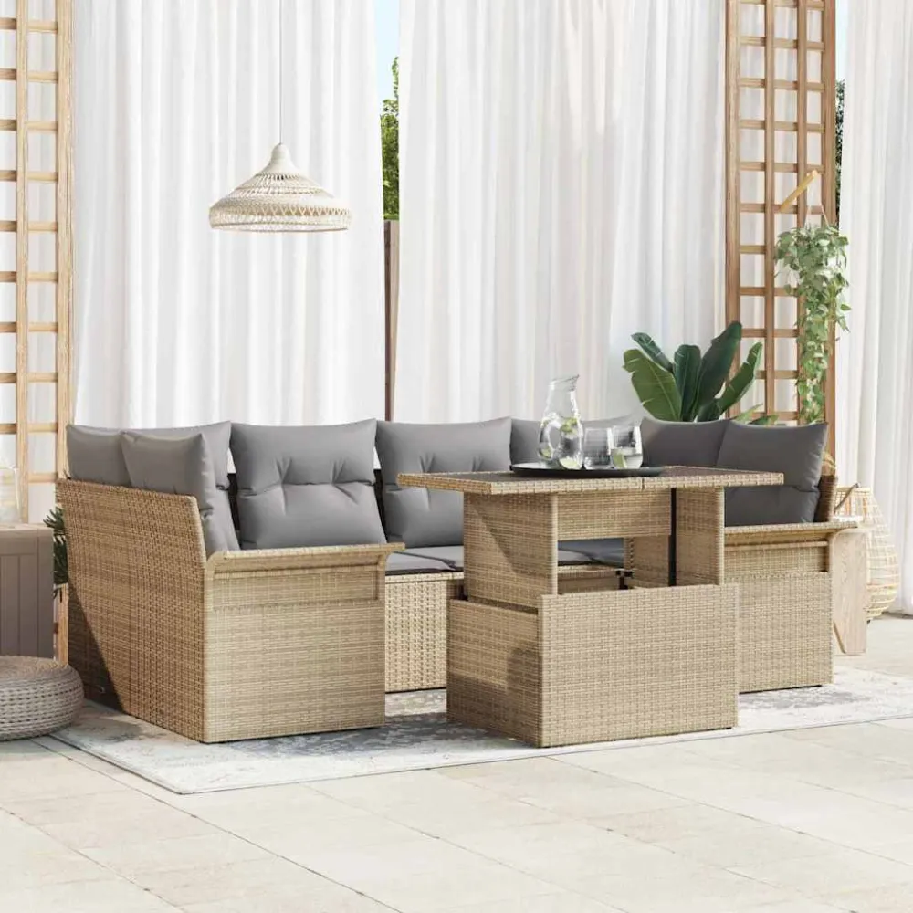 Tuin Sofa Set met kussen met opslag 7 pcs Beige Poly riet vidaXL