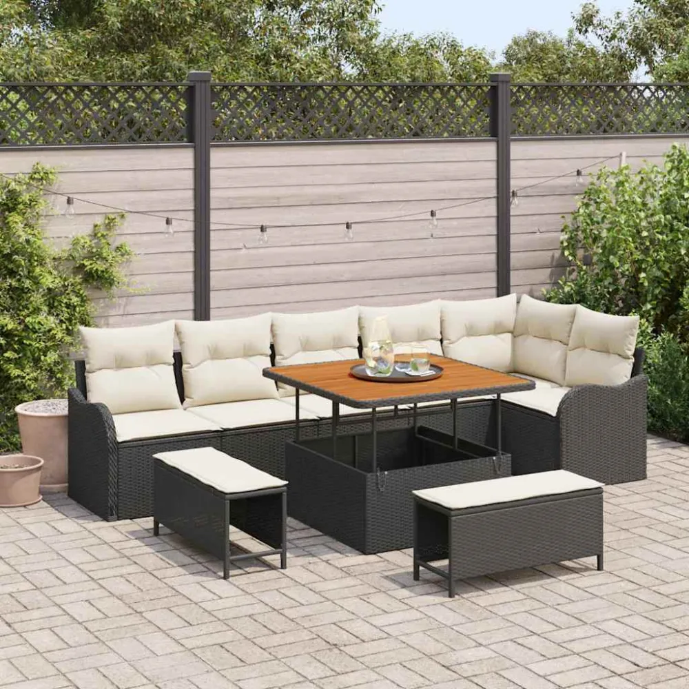 Tuin Sofa Set met kussen met opslag 9 pcs Zwart en Crème vidaXL