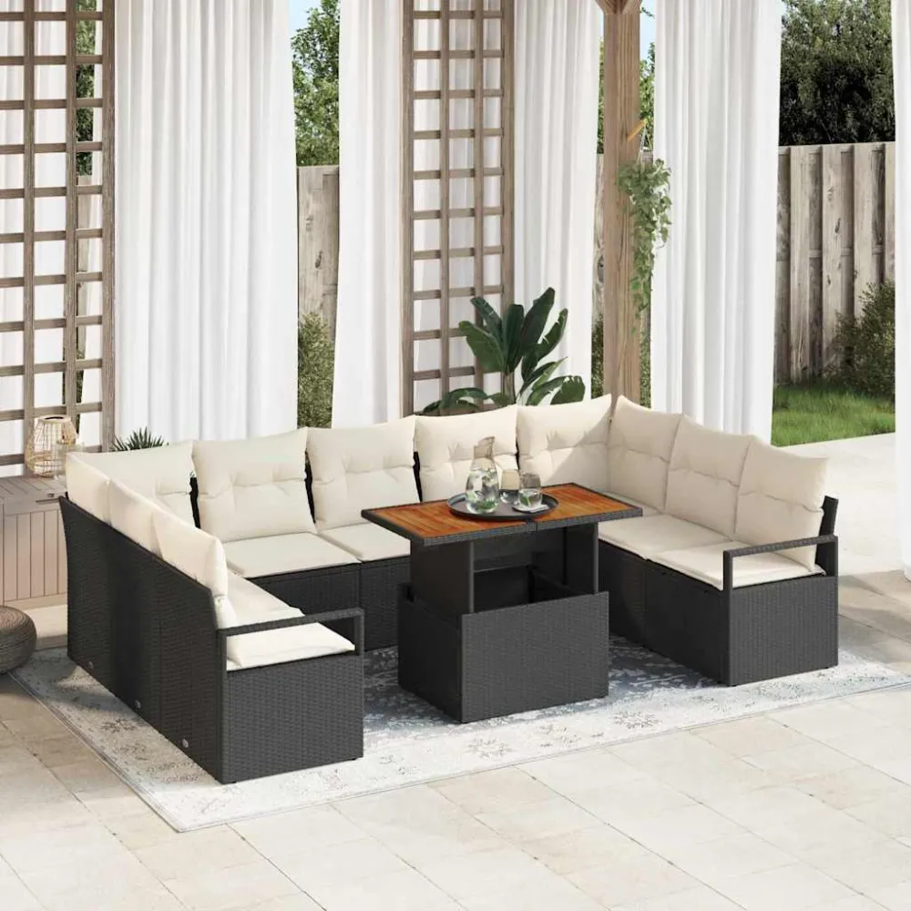 Tuin Sofa Set met kussen 10 pcs Zwart en Crème vidaXL