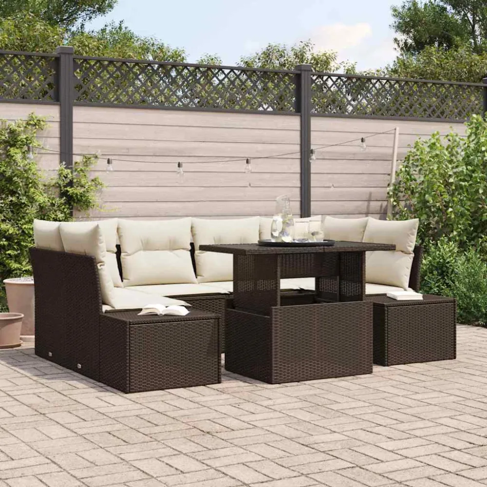 Tuin Sofa Set met kussen 7 pcs Bruin en Crème vidaXL