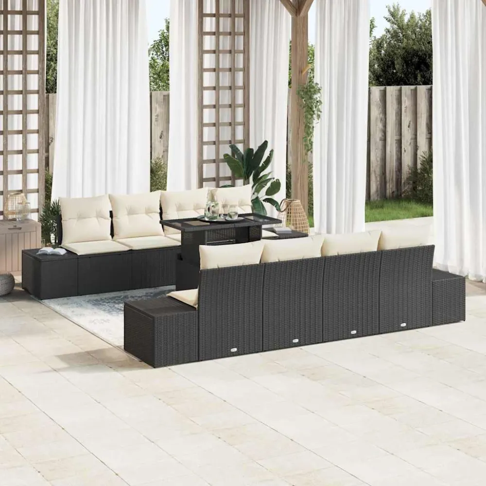 Tuin Sofa Set met kussen 9 pcs Zwart en Crème poly rattan vidaXL