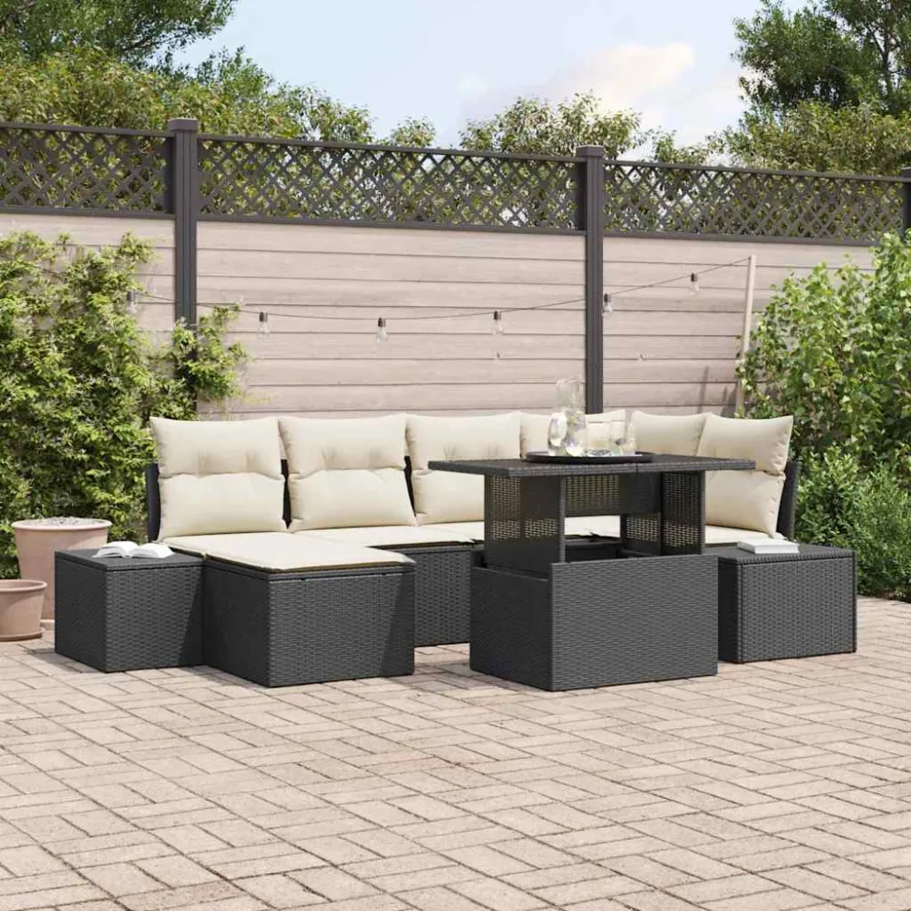 Tuin Sofa Set met kussen 7 pcs Zwart en crème vidaXL
