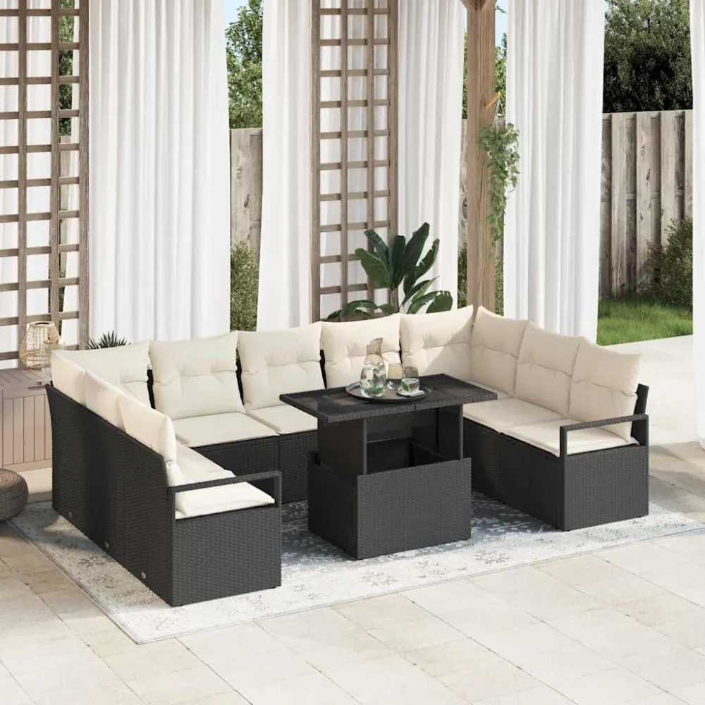 Tuin Sofa Set met kussen 10 pcs Zwart en crème poly rattan vidaXL