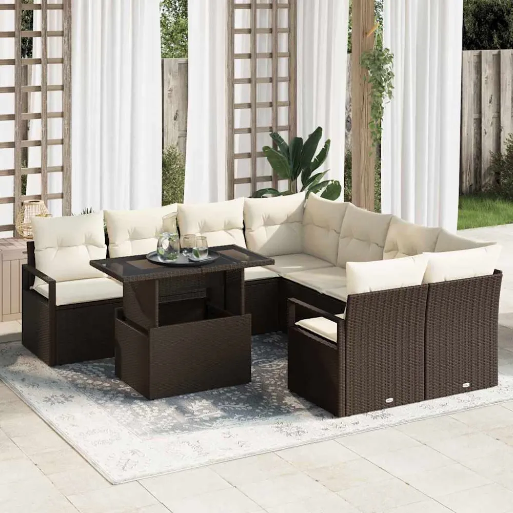 Tuin Sofa Set met kussen 9 pcs Bruin en Crème poly rattan vidaXL