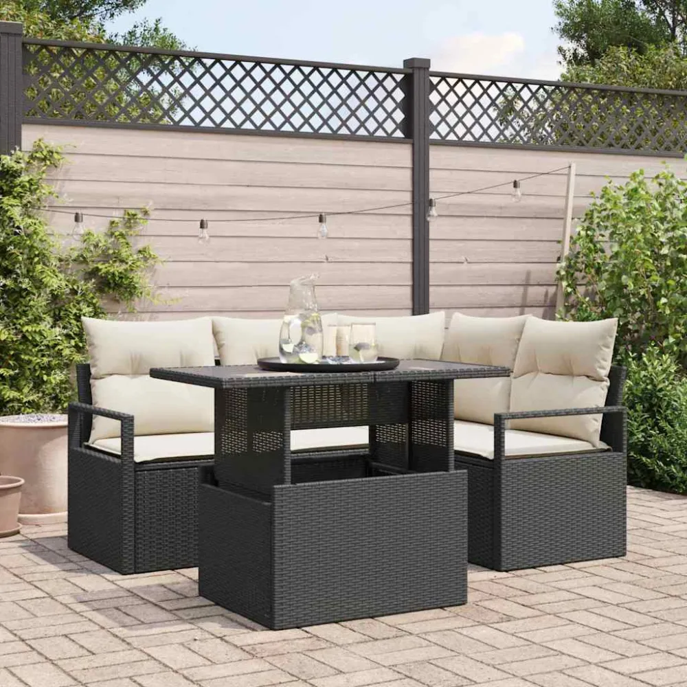Tuin Sofa Set met kussen 5 pcs Zwart en crème poly rattan vidaXL