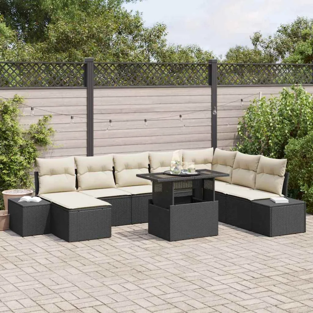 Tuin Sofa Set met kussen 9 pcs Zwart en Crème poly rattan vidaXL