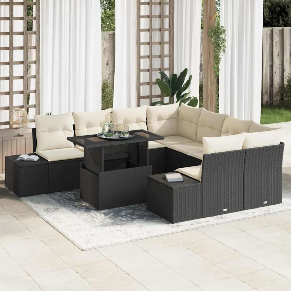 Tuin Sofa Set met kussen 9 pcs Zwart en Crème poly rattan vidaXL