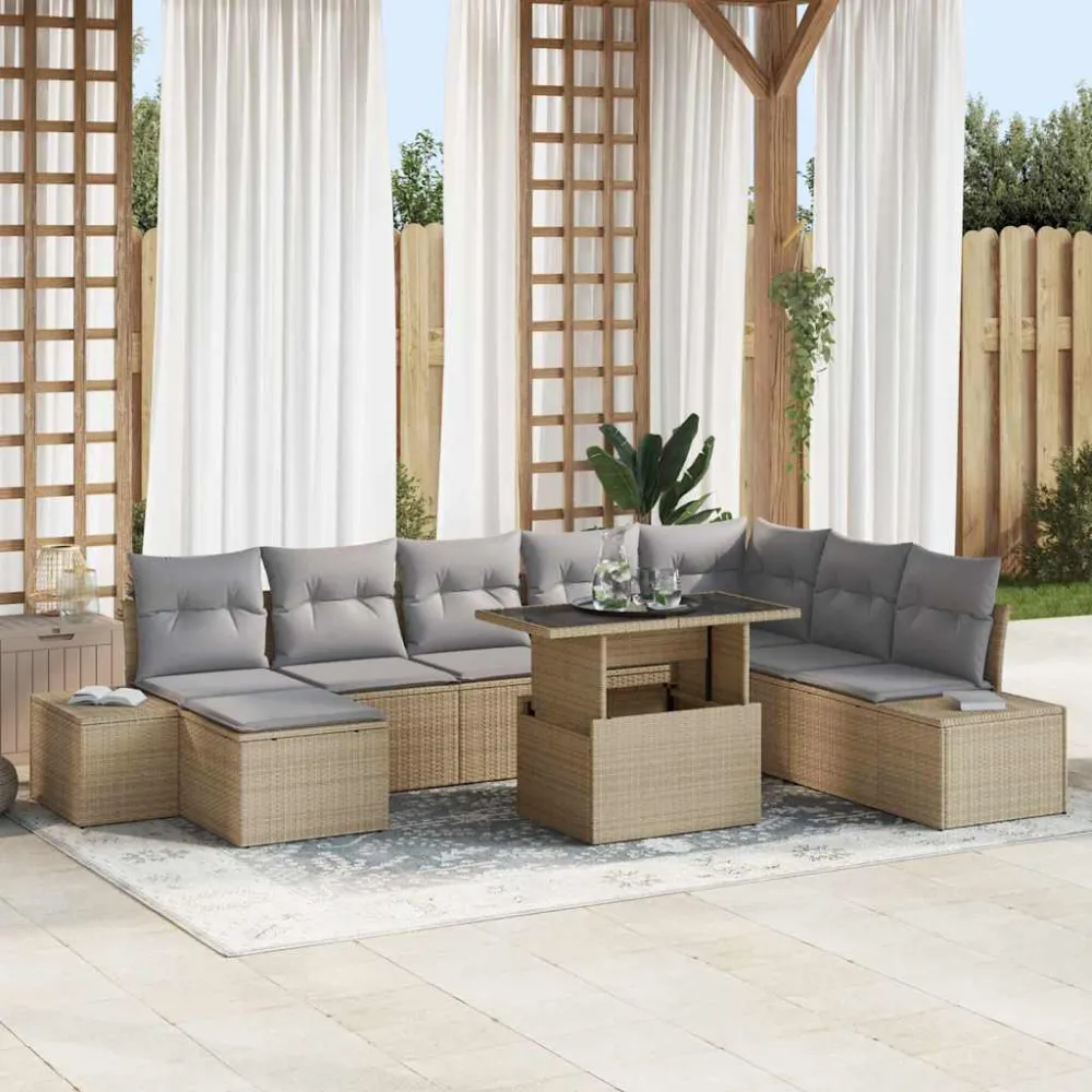 Tuin Sofa Set met kussen 9 pcs Beige en Licht Grijs poly rattan vidaXL