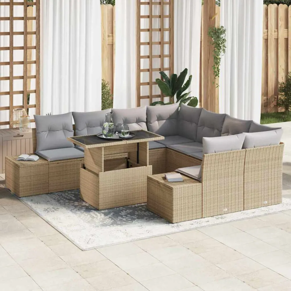 Tuin Sofa Set met kussen 9 pcs Beige en Licht Grijs poly rattan vidaXL