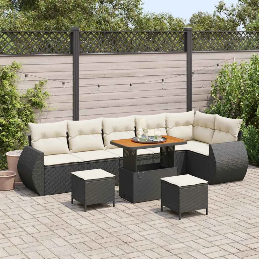 Tuin Sofa Set met kussen 9 pcs Zwart en Crème Poly Rattan vidaXL