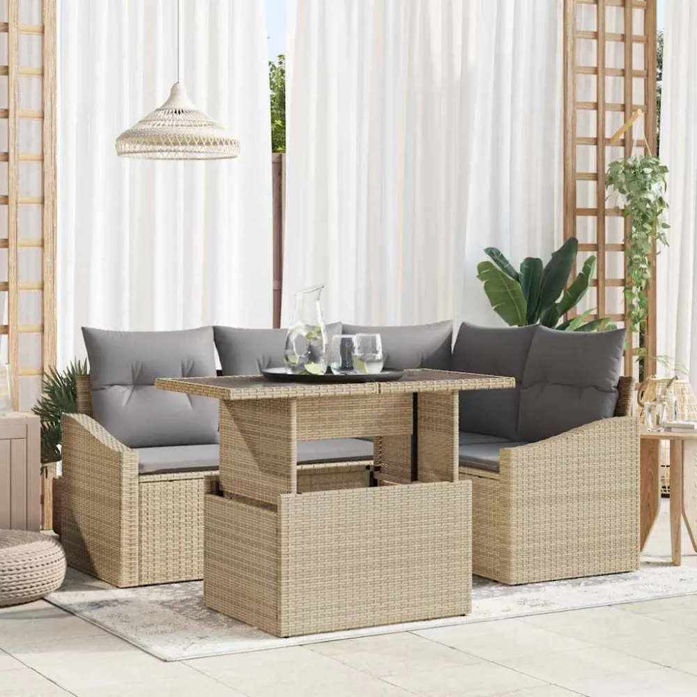 Tuin Sofa Set met kussen 5 pcs Beige en Licht Grijs poly rattan vidaXL