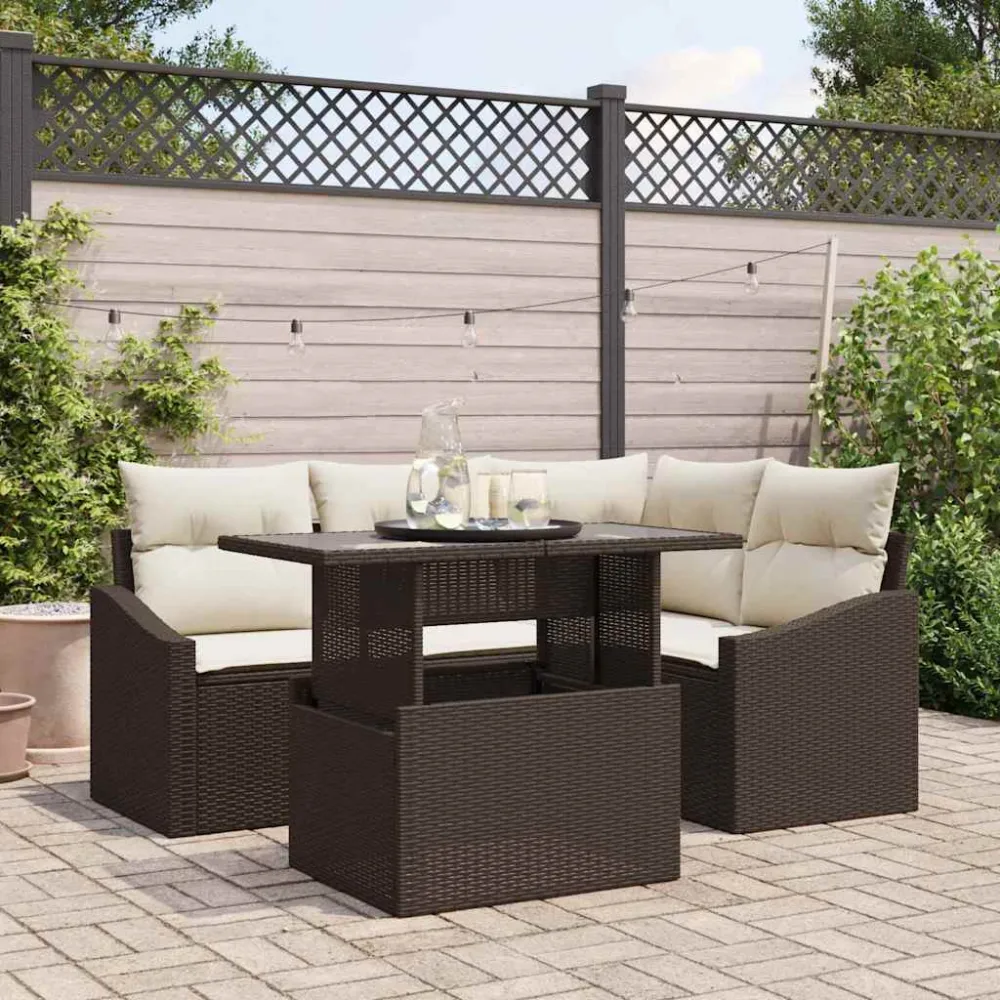 Tuin Sofa Set met kussen 5 pcs Bruin en Crème poly rattan vidaXL