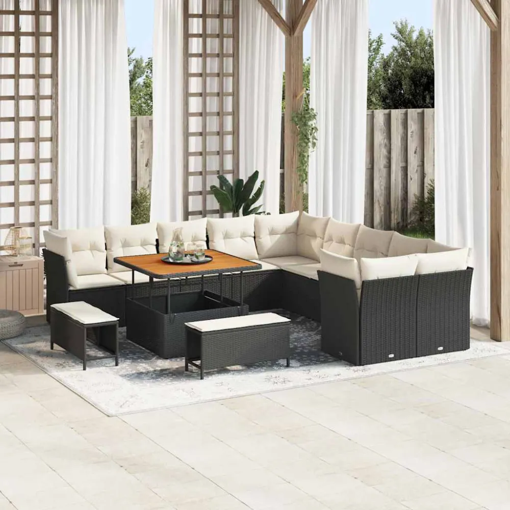 Tuin Sofa Set met kussen 13 pcs Zwart en Crème poly rattan vidaXL