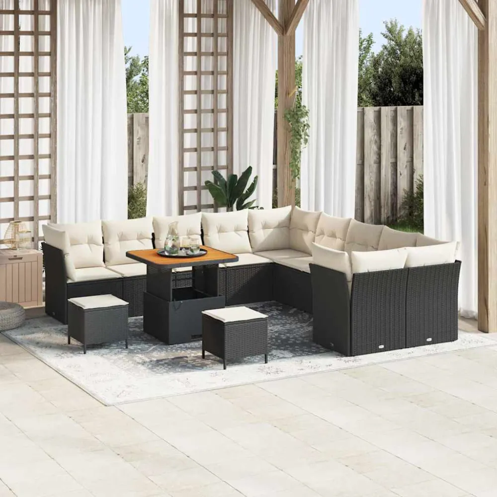 Tuin Sofa Set met kussen 13 pcs Zwart en Crème poly rattan vidaXL
