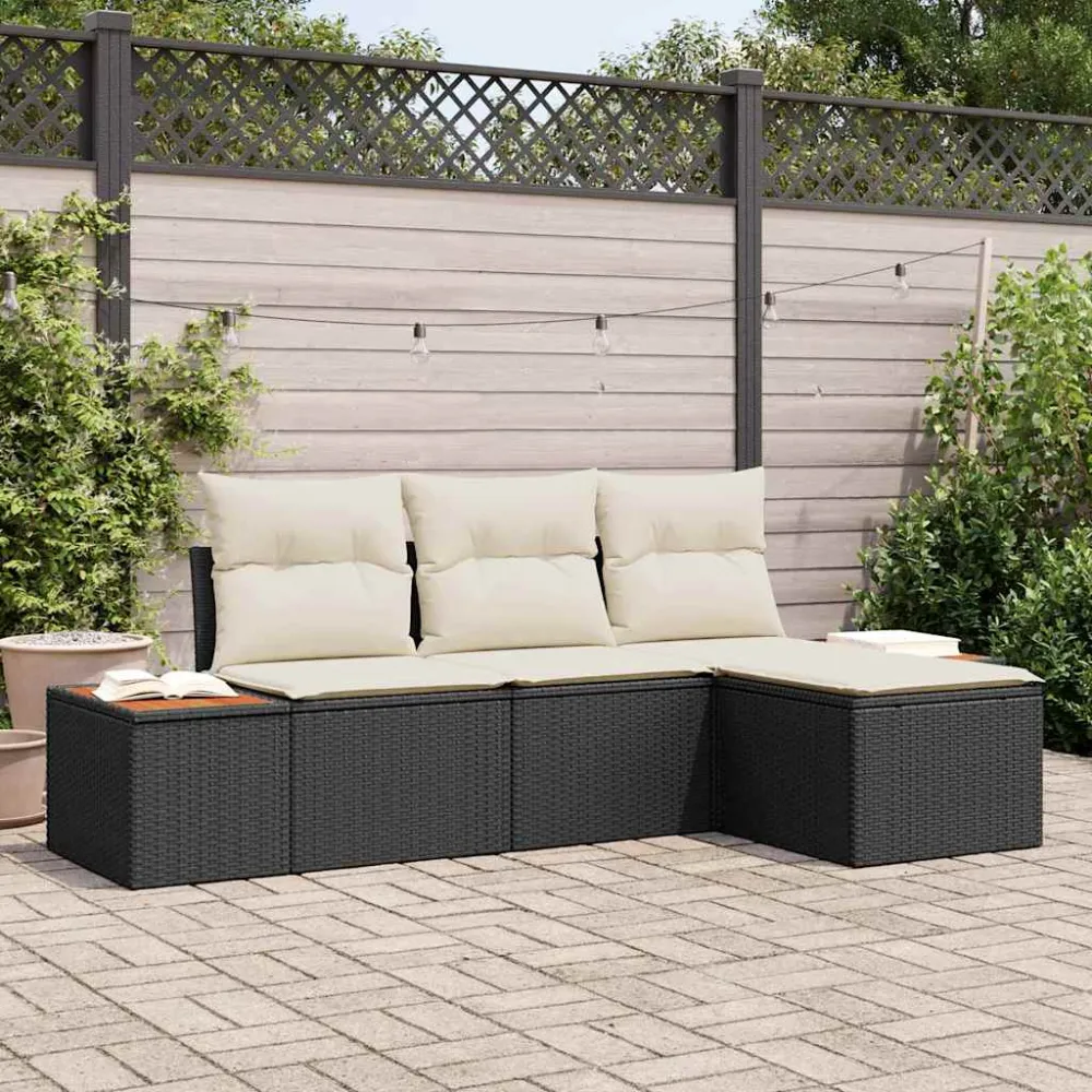 Tuin Sofa Set met kussen 4 pcs Zwart en Crème Poly Rattan vidaXL